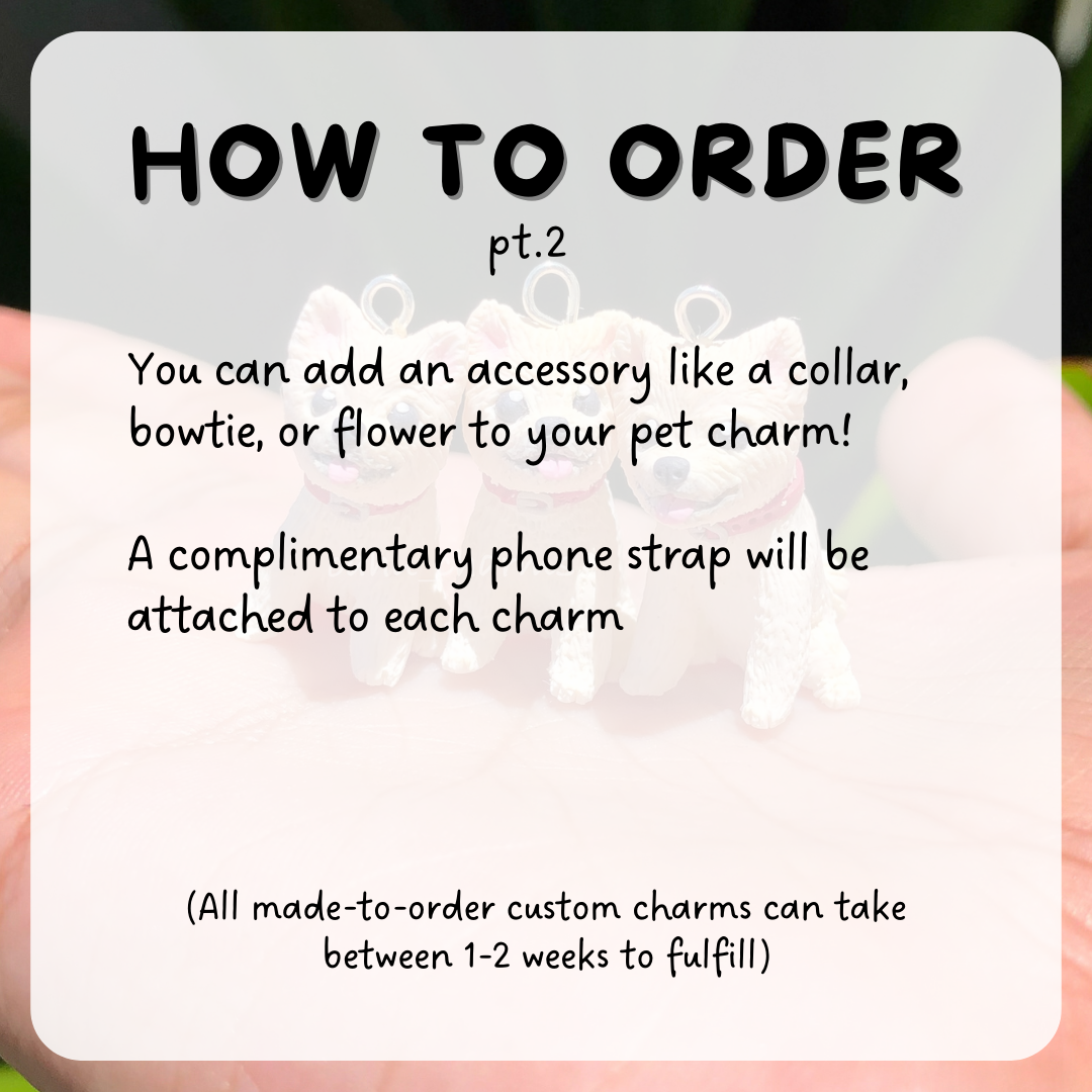 How to order instructions part 2. You can add an accessory onto your charm, like their favorite toy by their side or a bowtie. A phone strap is added onto each charm.