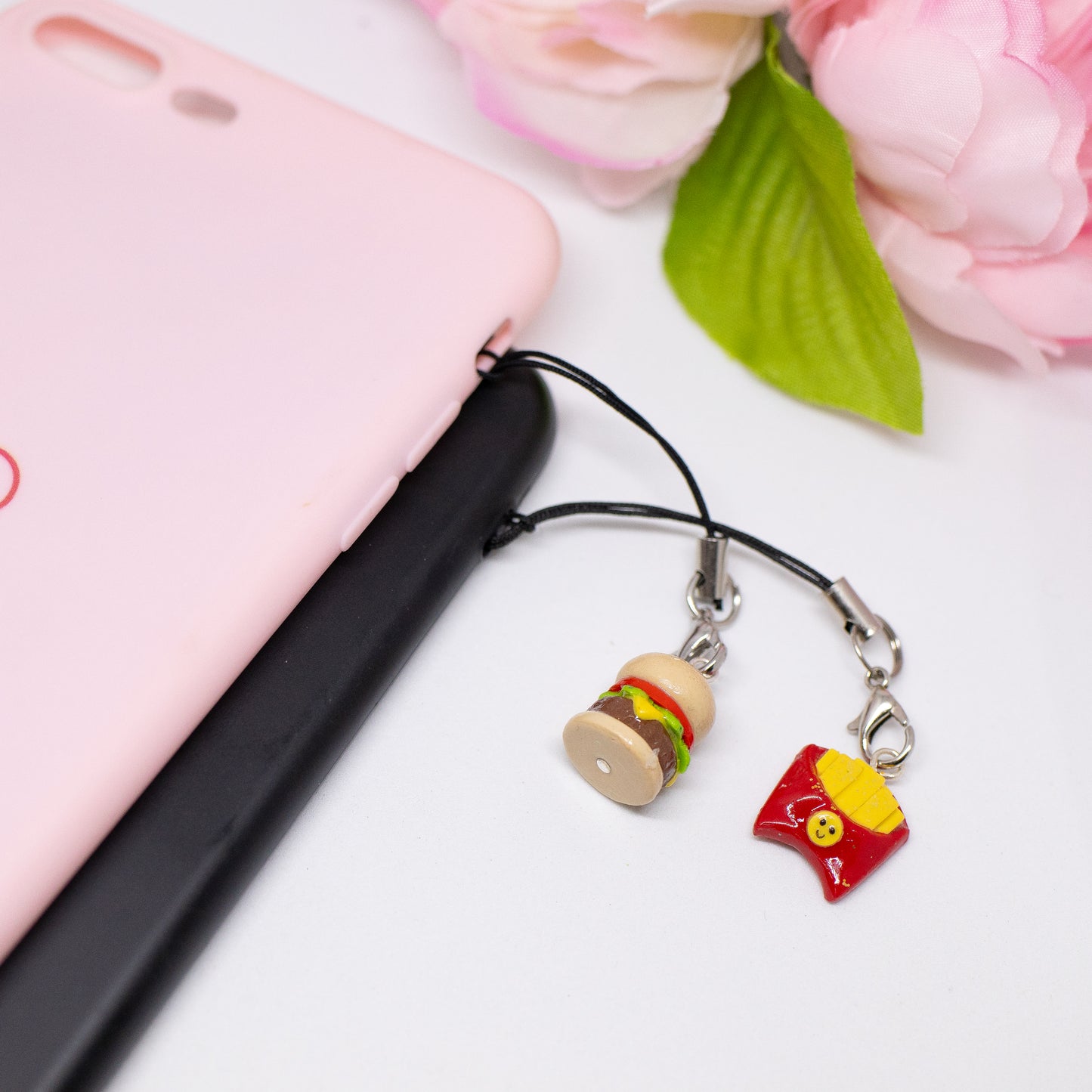 Handmade polymer clay burger and french fry charms. Available as a phone charm or pair of earrings. The perfect matching friendship charms for you and someone you love.