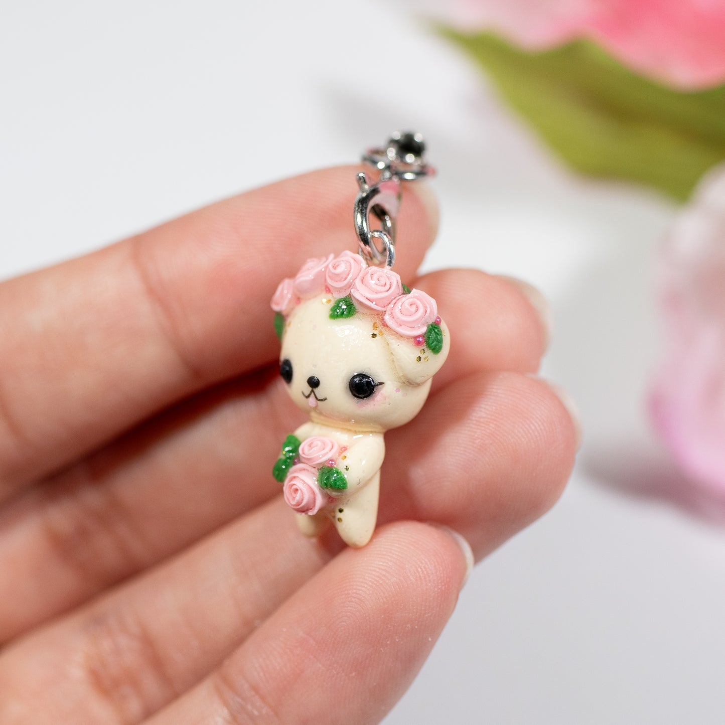 Pink Rosy Valentine Pup - Polymer Clay Charm