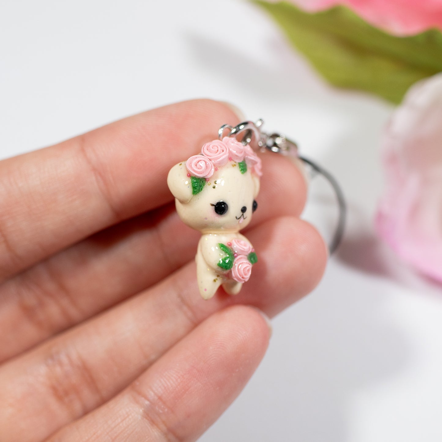 Pink Rosy Valentine Pup - Polymer Clay Charm