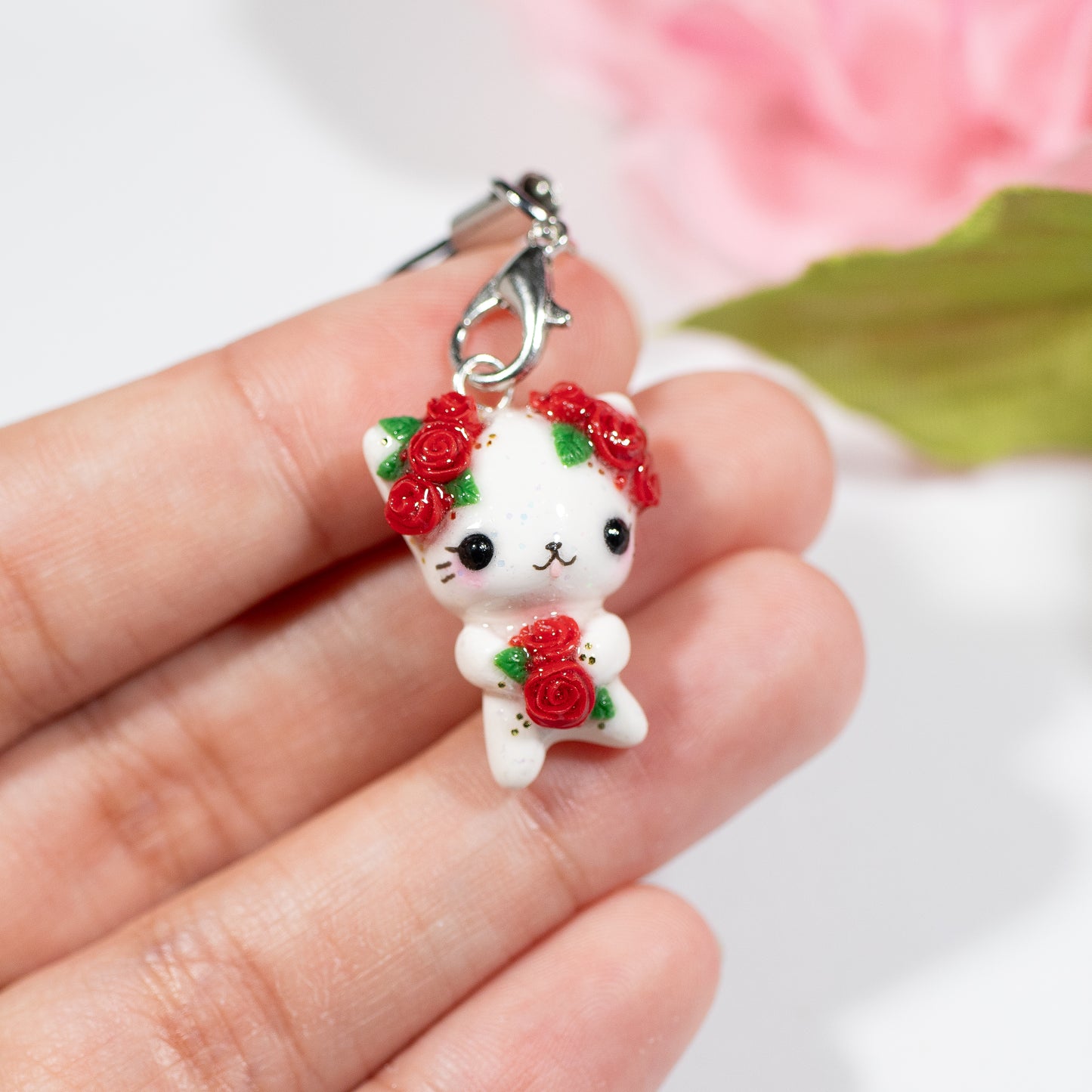 Red Rosy Valentine Kitty - Polymer Clay Charm