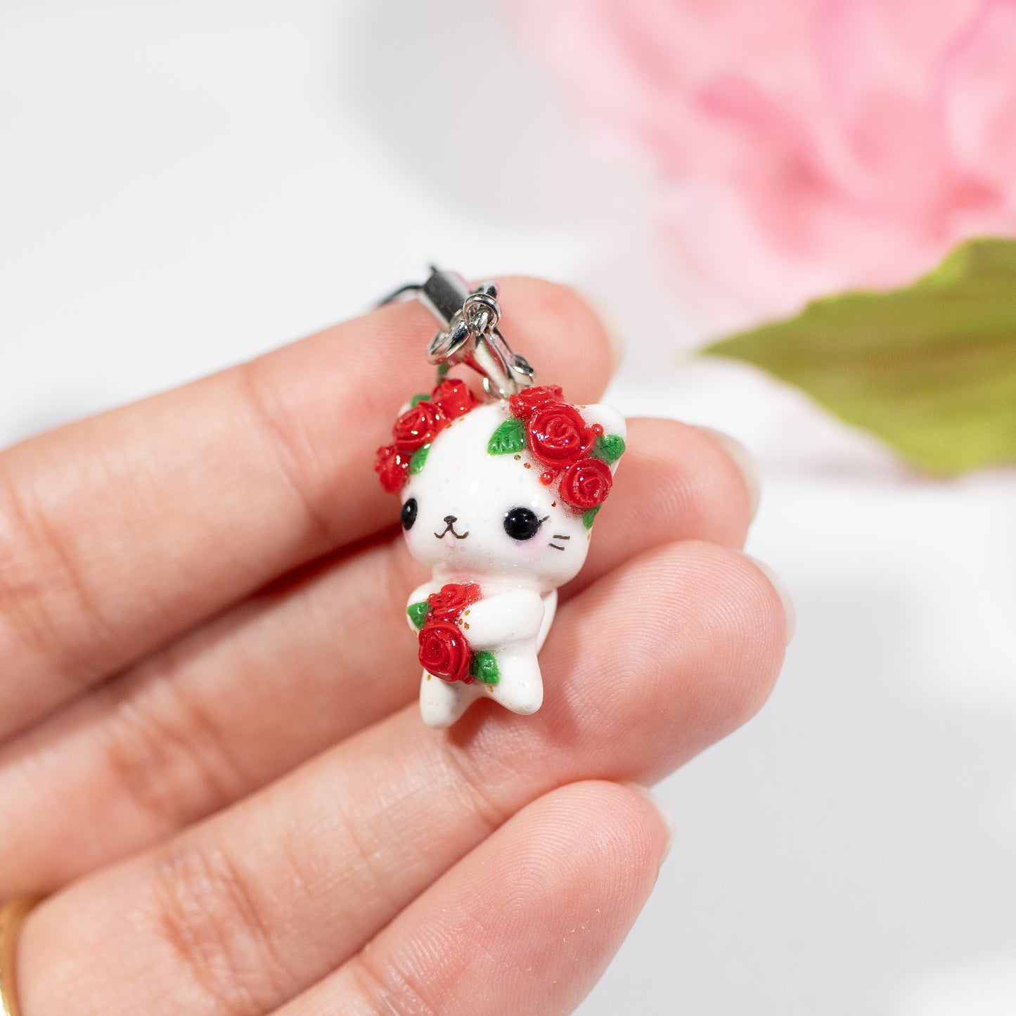 Red Rosy Valentine Kitty - Polymer Clay Charm