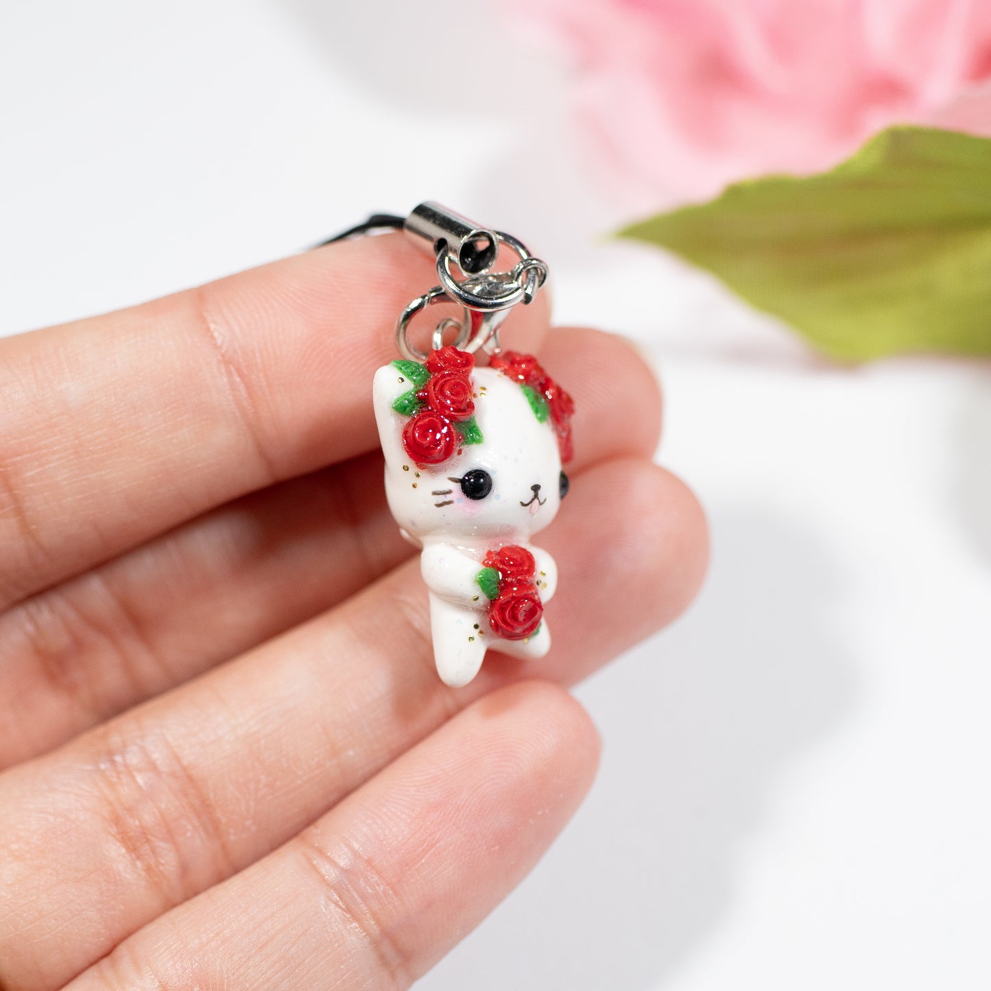 Red Rosy Valentine Kitty - Polymer Clay Charm