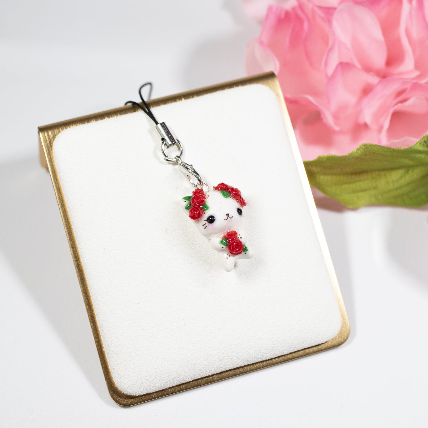 Red Rosy Valentine Kitty - Polymer Clay Charm