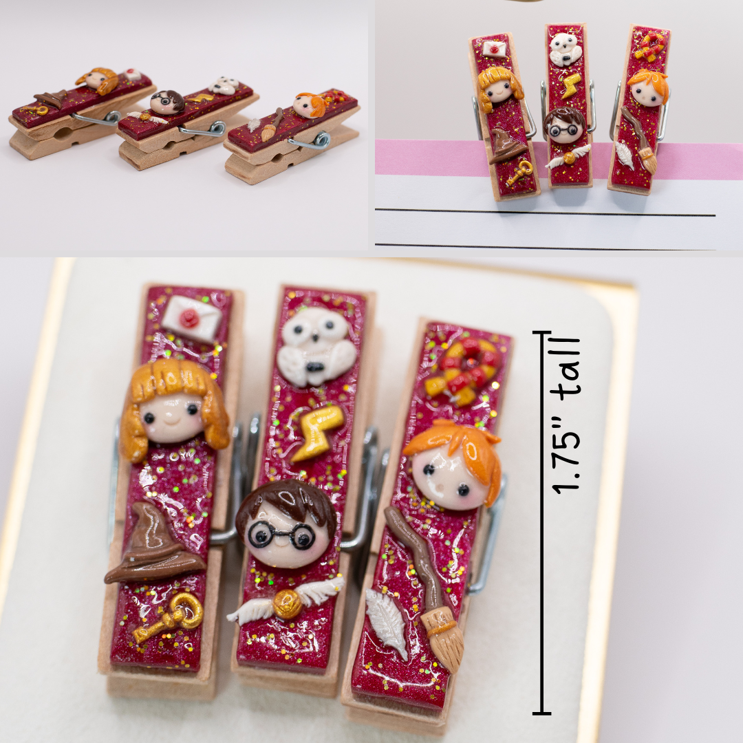 A 3 picture collage of decorative clothespins with Harry Potter-themed designs on a white background. The pictures show a side view, a closeup view and a demonstrative view of the clothespins being clipped onto a notepad.