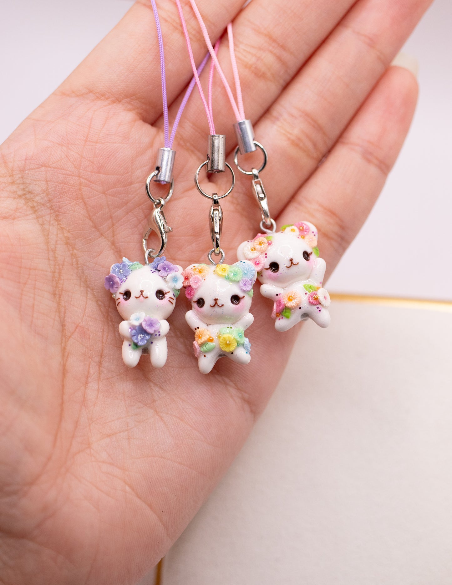 Summer Peachy-Pink Daisy Floral Bear Charm