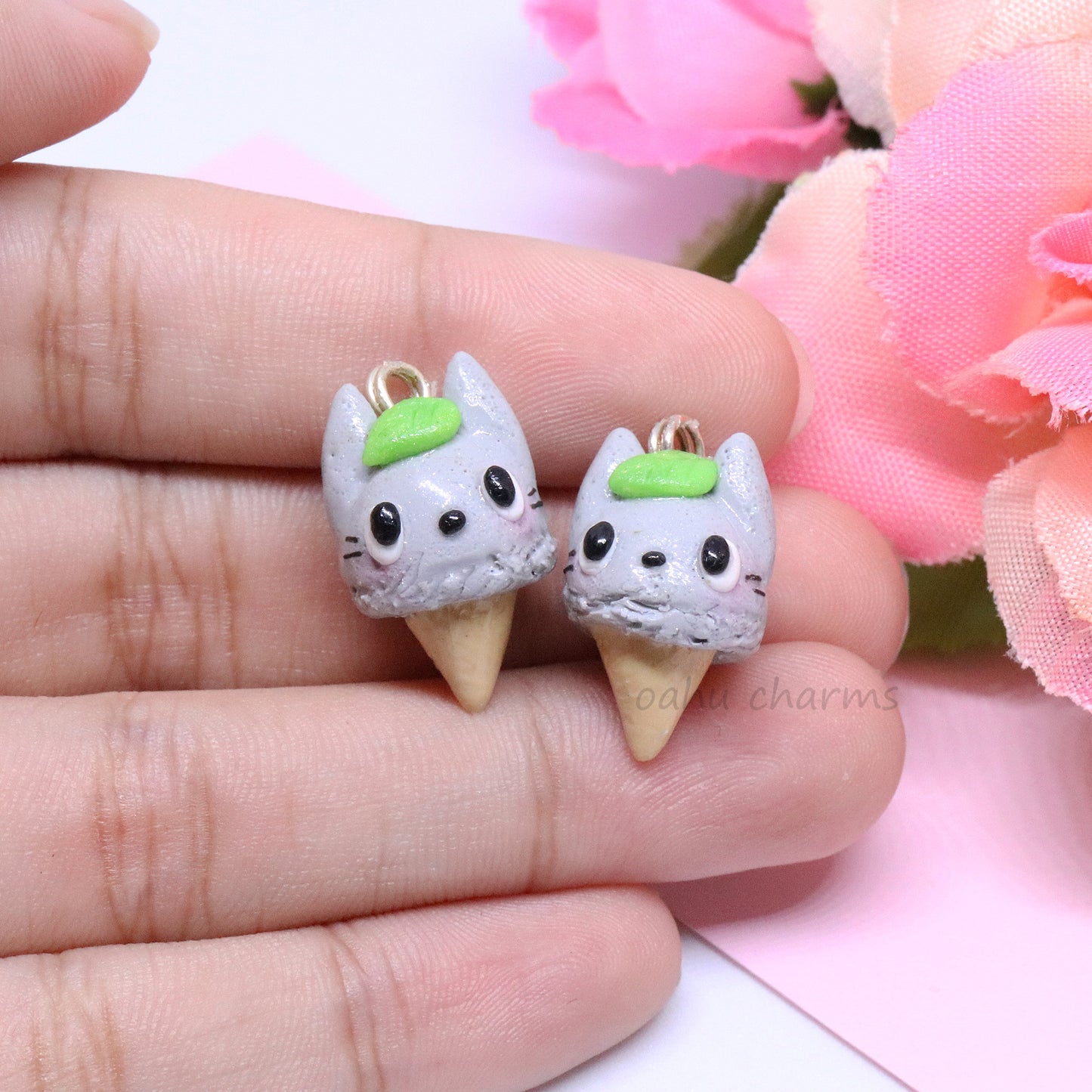 Grey Totoro Bunny Ice Cream Polymer Clay Charm