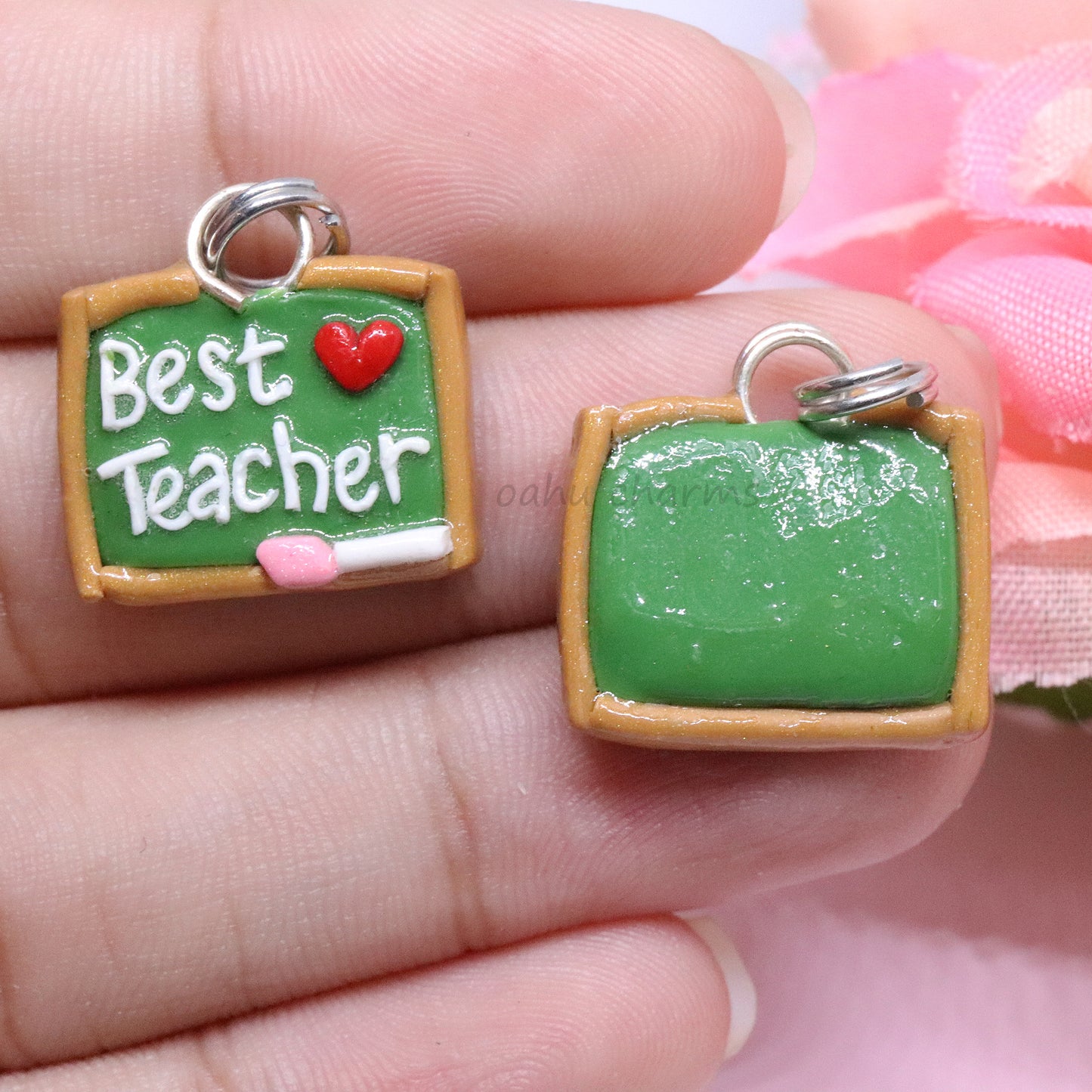 A cute, simple chalkboard polymer clay charm. This little charm has 'Best Teacher' spelled out in clay, with a tiny heart next to it. The perfect, little gift for a special teacher in your life. Handmade from polymer clay.