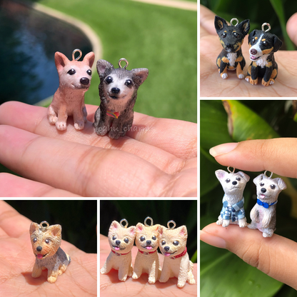 Custom full body dog charms. These charms are individually sculpted and handmade from clay and glazed with resin. These charms are about 1 inch tall, and are based off of pictures that clients have sent in of their pets.