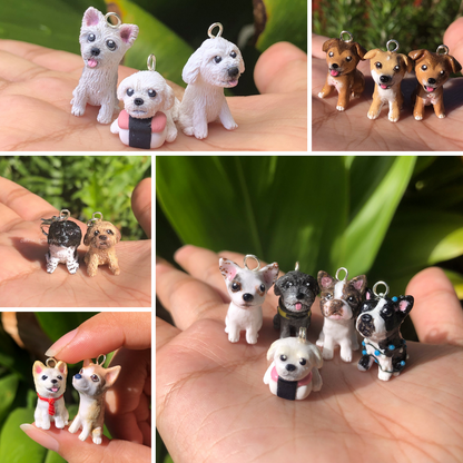 Custom full body dog charms. These charms are individually sculpted and handmade from clay and glazed with resin. These charms are about 1 inch tall, and are based off of pictures that clients have sent in of their pets.