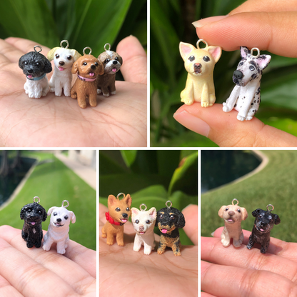 Custom full body dog charms. These charms are individually sculpted and handmade from clay and glazed with resin. These charms are about 1 inch tall, and are based off of pictures that clients have sent in of their pets.