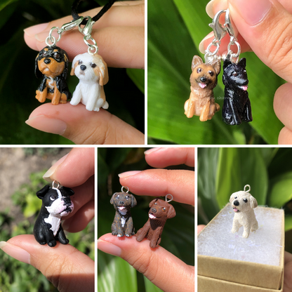 Custom full body dog charms. These charms are individually sculpted and handmade from clay and glazed with resin. These charms are about 1 inch tall, and are based off of pictures that clients have sent in of their pets.