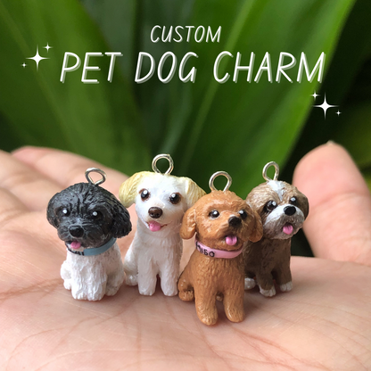 Custom full body dog charms. These charms are individually sculpted and handmade from clay and glazed with resin. These charms are about 1 inch tall, and are based off of pictures that clients have sent in of their pets.