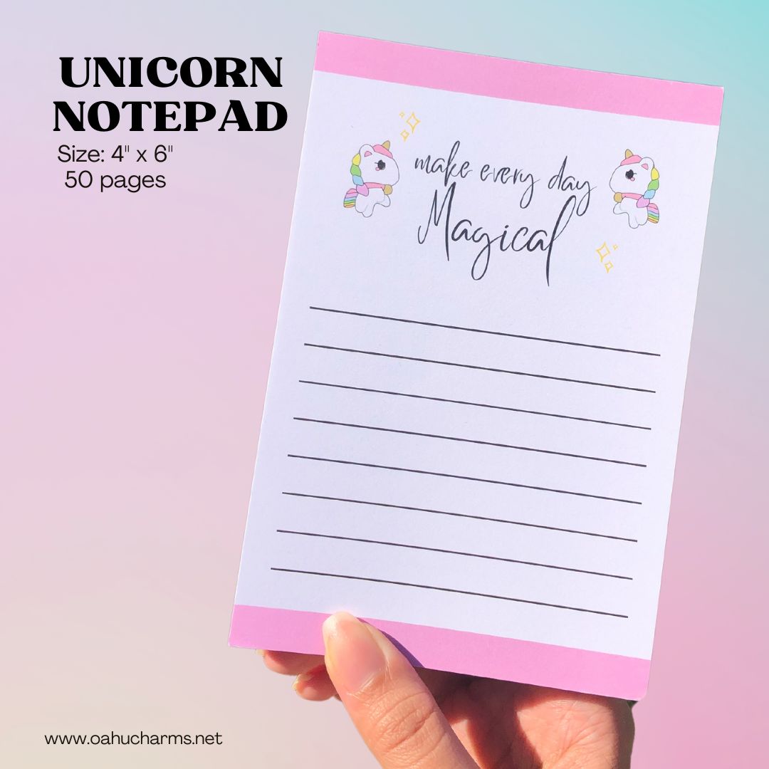 A cute, simple notepad with a daily reminder to make every day magical! 🦄This notepad has a pink trim on the top and bottom, with 8 lines to write down all the important tasks and notes.