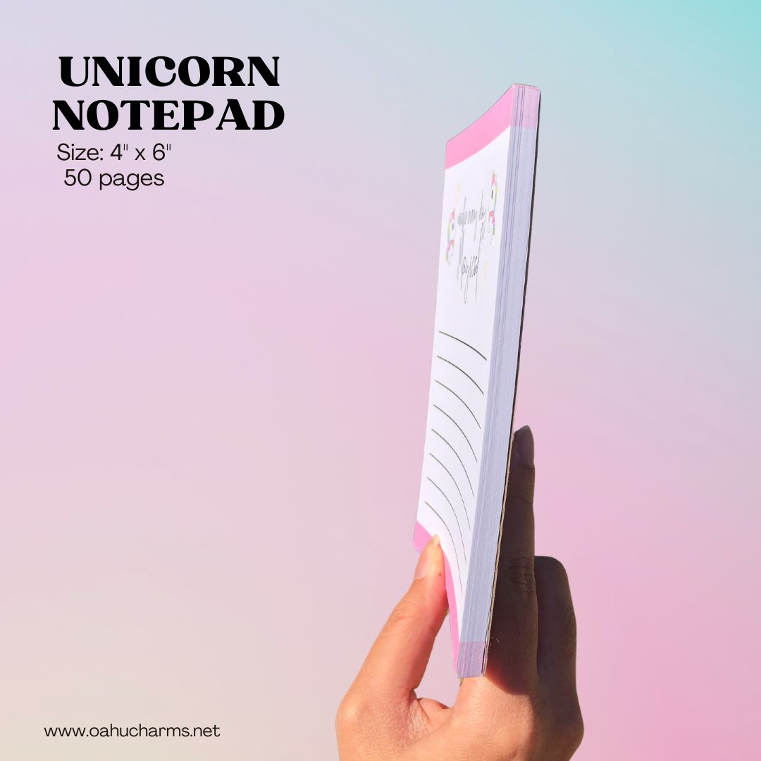 A cute, simple notepad with a daily reminder to make every day magical! 🦄This notepad has a pink trim on the top and bottom, with 8 lines to write down all the important tasks and notes.