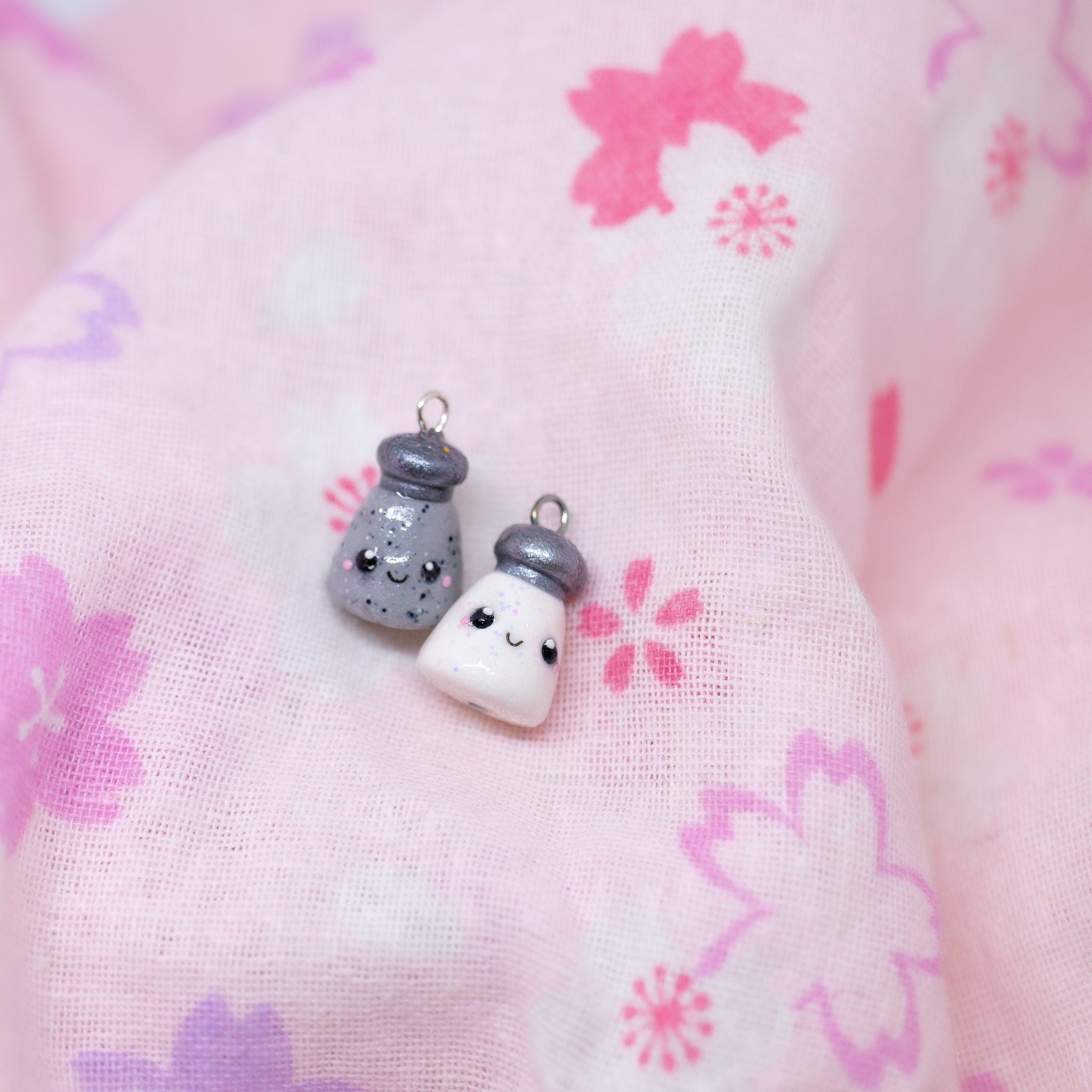 SALT and PEPPER SHAKERS Best Friends Pendant. Kawaii Besties on Necklace  Book Mark Key Ring Polymer Clay 