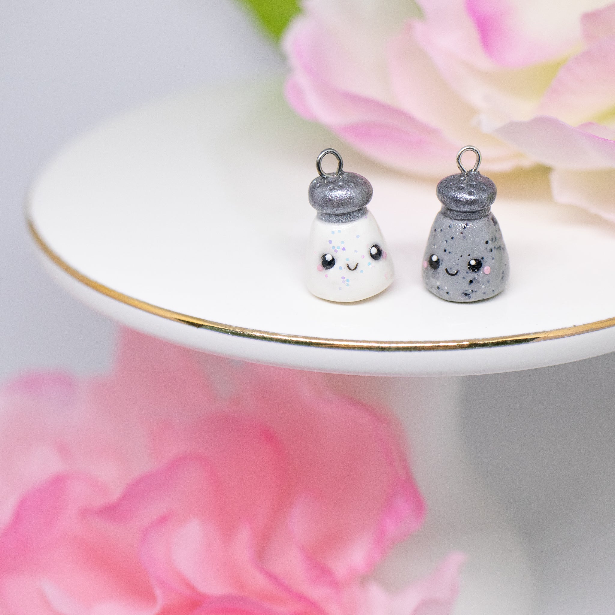 SALT and PEPPER SHAKERS Best Friends Pendant. Kawaii Besties on Necklace  Book Mark Key Ring Polymer Clay 