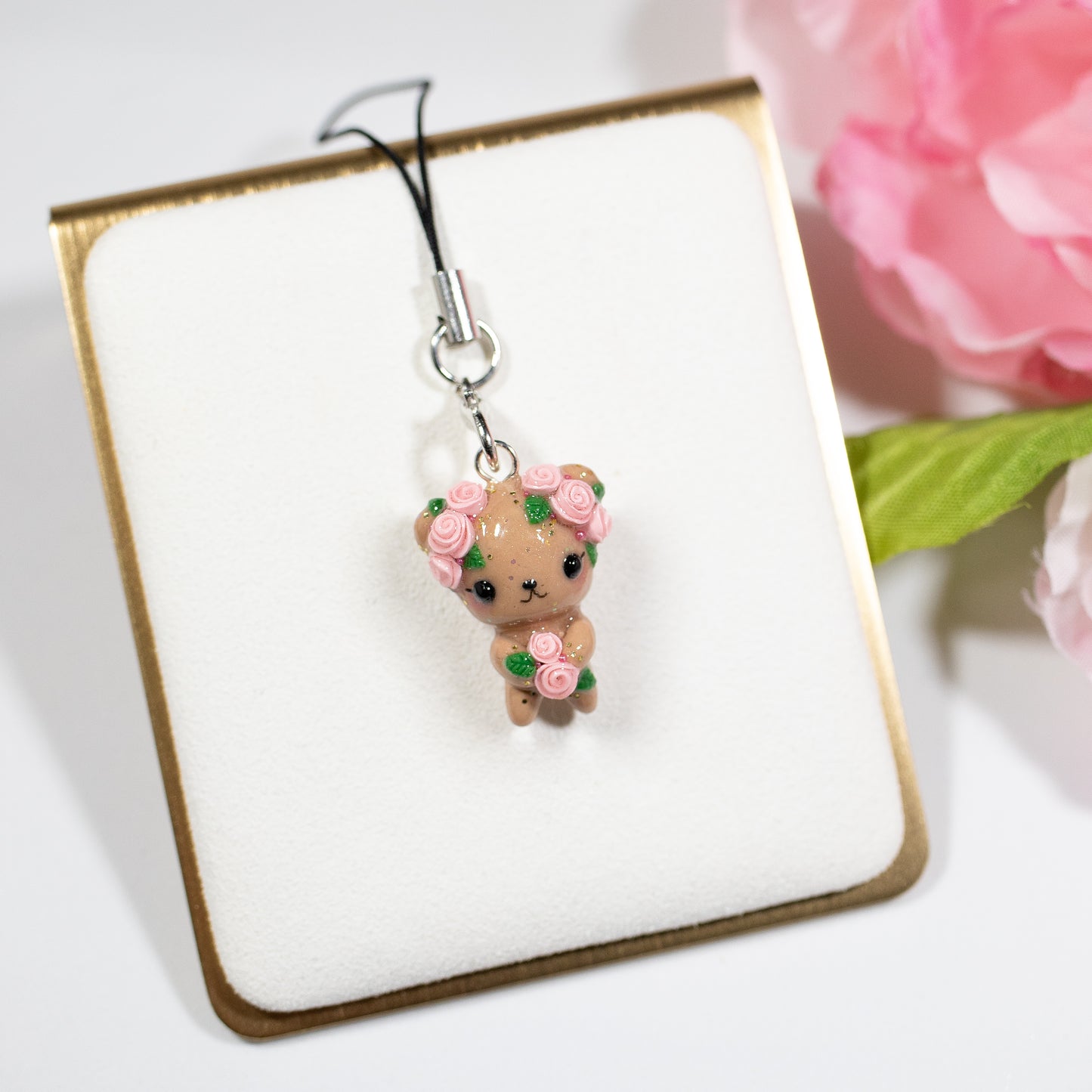 Pink Rosy Valentine Brown Bear - Polymer Clay Charm