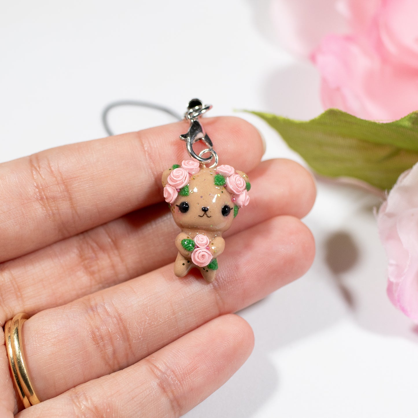 Pink Rosy Valentine Brown Bear - Polymer Clay Charm