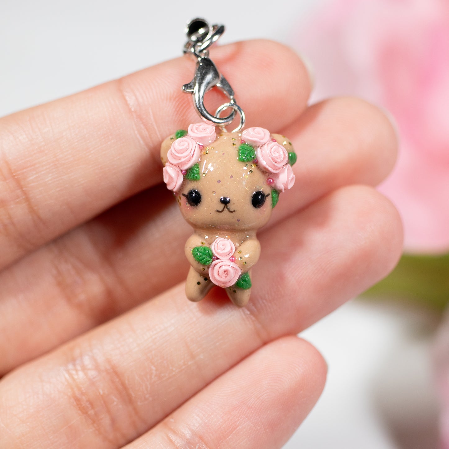 Pink Rosy Valentine Brown Bear - Polymer Clay Charm