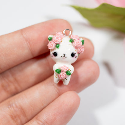 Pink Rosy Valentine Kitty - Polymer Clay Charm