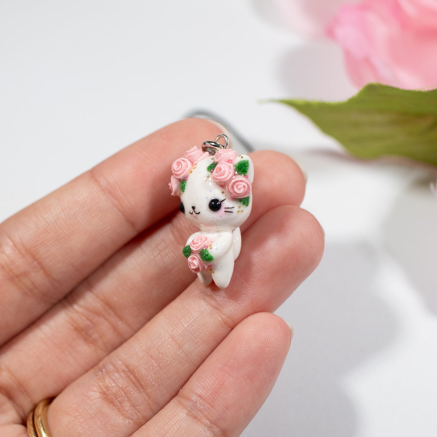 Pink Rosy Valentine Kitty - Polymer Clay Charm