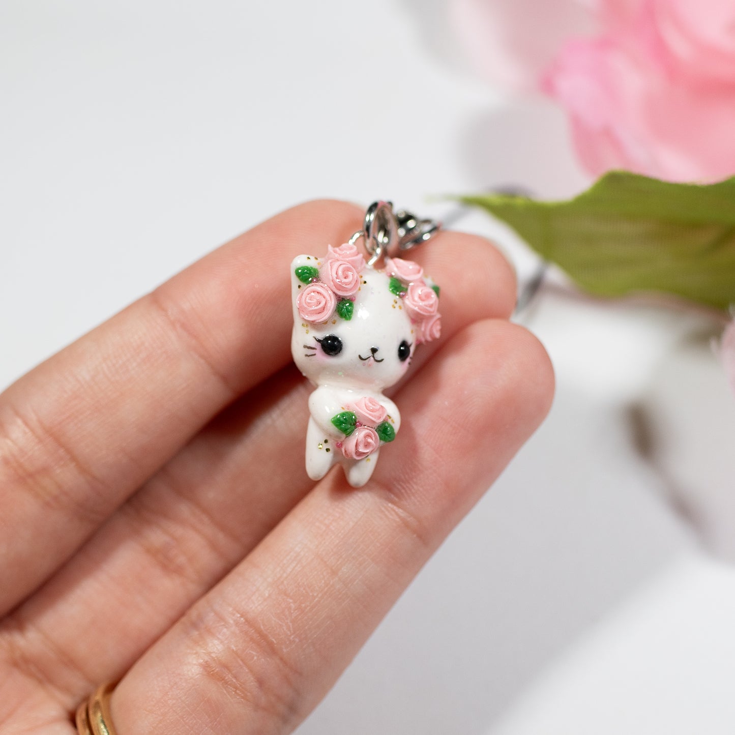 Pink Rosy Valentine Kitty - Polymer Clay Charm