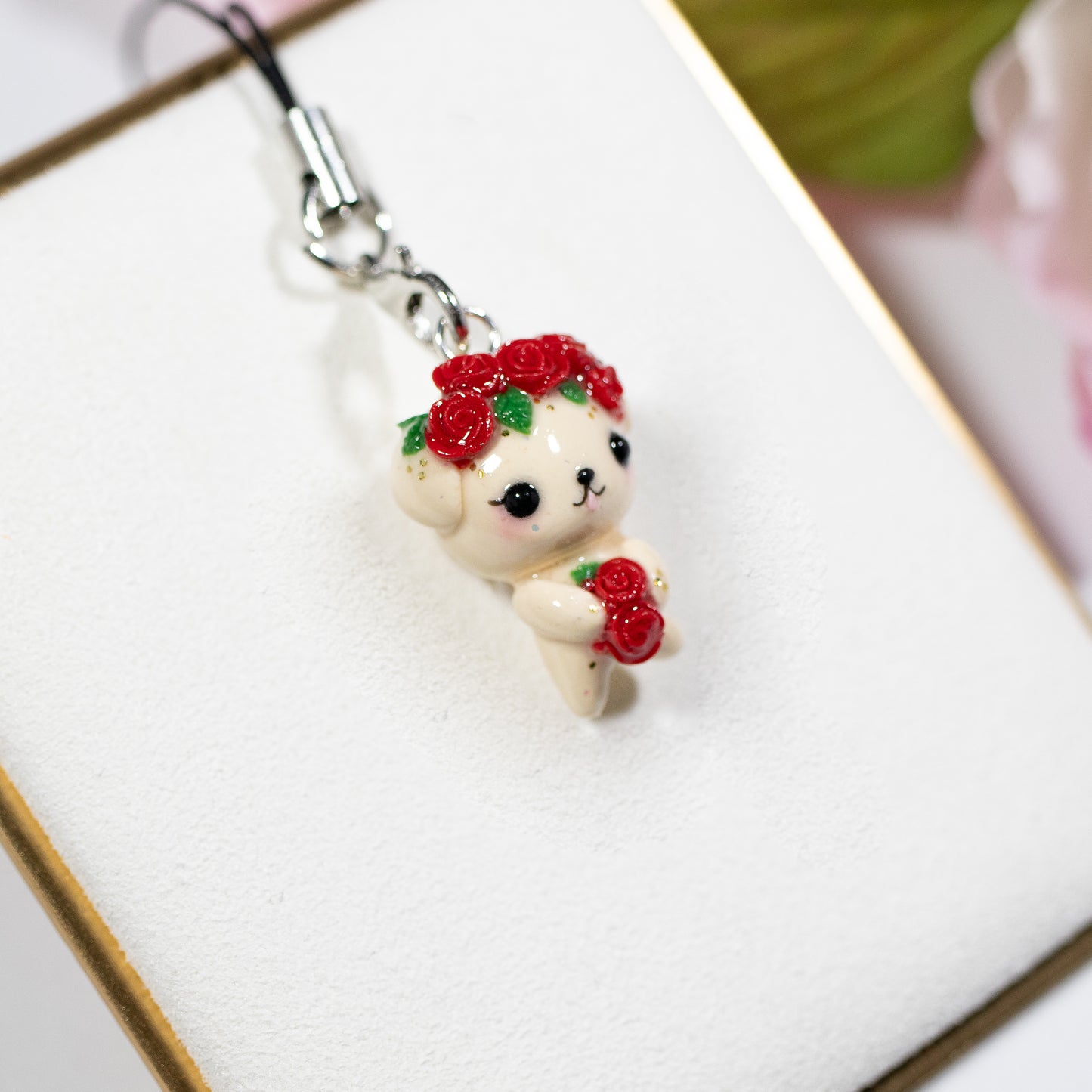 Red Rosy Valentine Pup - Polymer Clay Charm