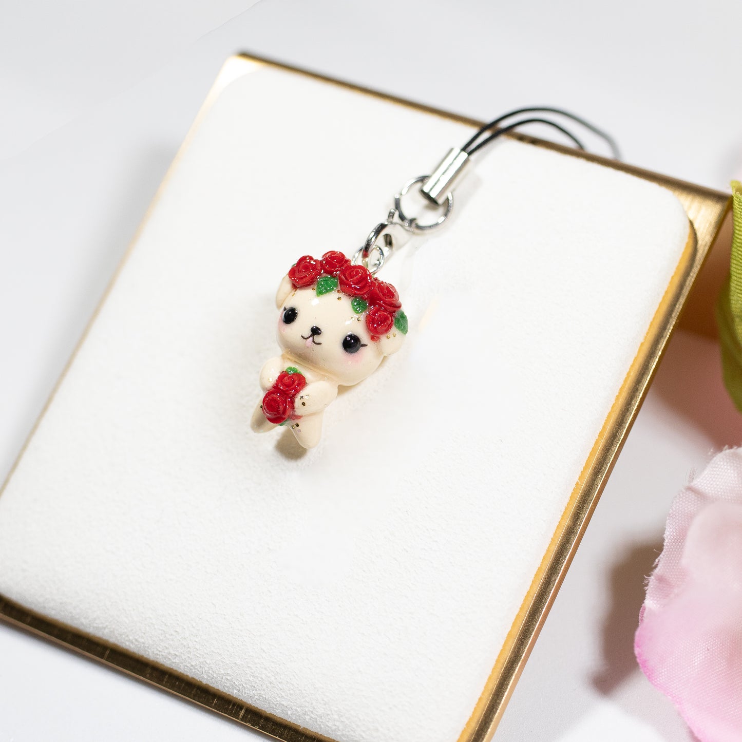 Red Rosy Valentine Pup - Polymer Clay Charm