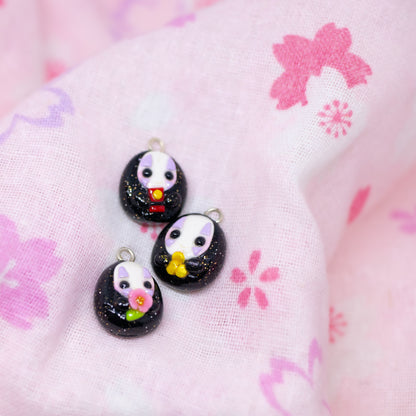 Handmade polymer clay no face charms inspired by the movie spirited away. This listing is for one charm, available in three styles: cherry blossom flower, red bath token, or gold coin.