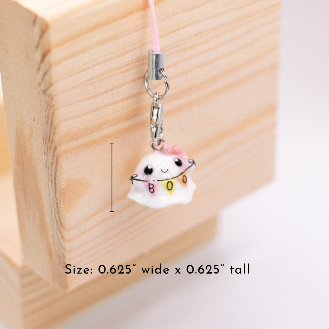 Girly Ghost with 'Boo' Banner Clay Charm