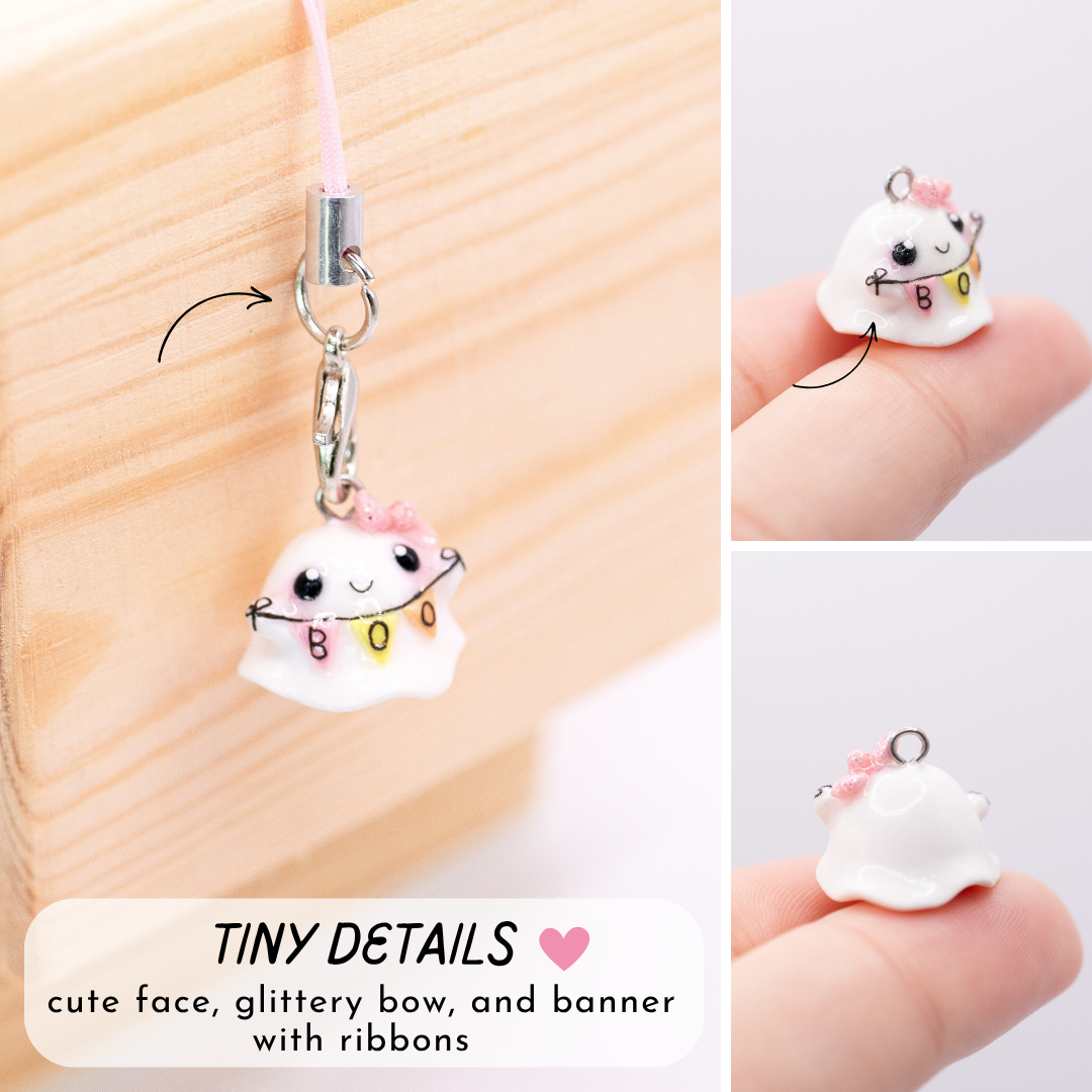 Girly Ghost with 'Boo' Banner Clay Charm