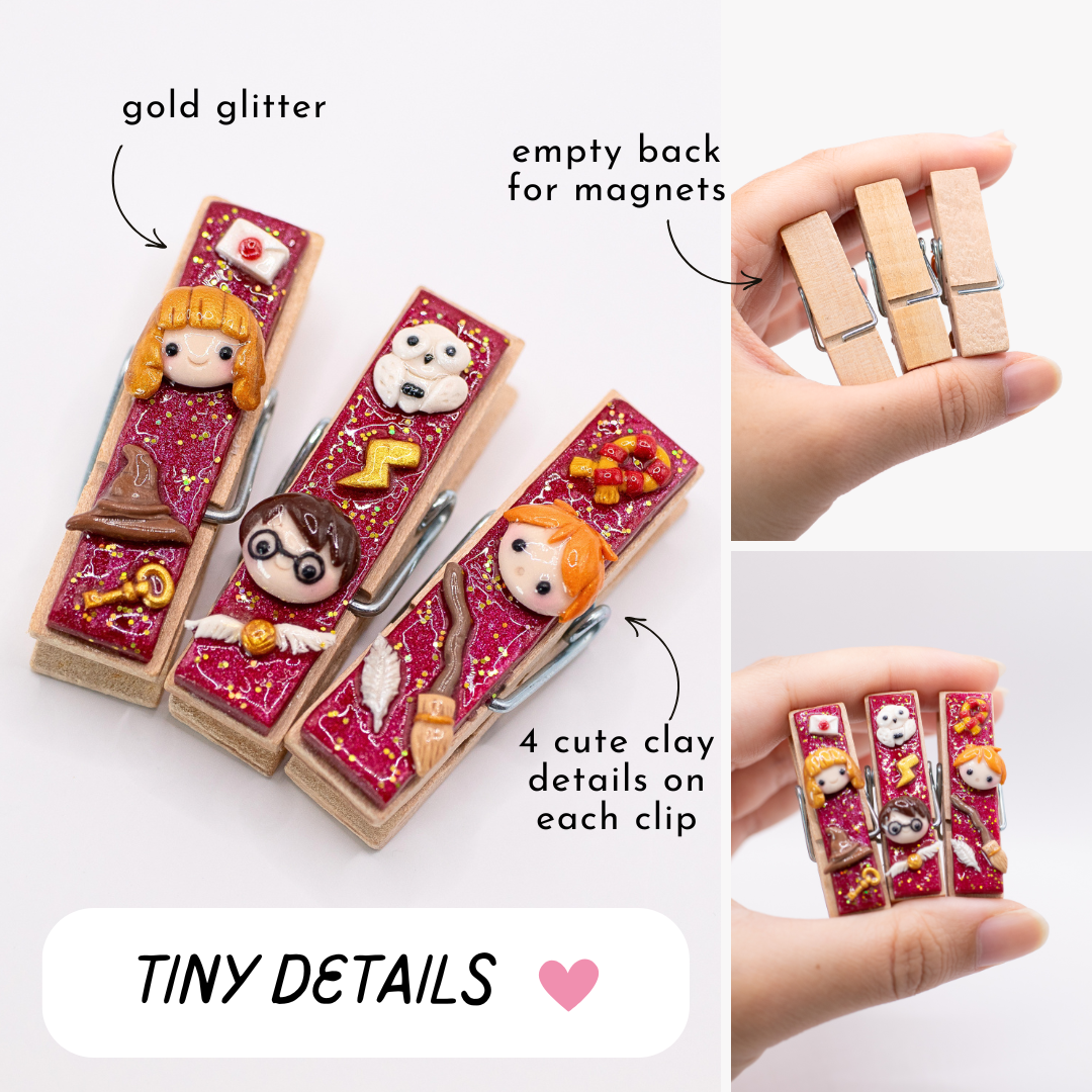 A 3 picture collage of decorative wizard themed clothespins with gold glitter, empty backs for magnets, and 4 cute clay details on each clip.