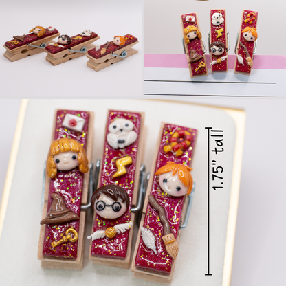 A 3 picture collage of decorative clothespins with Harry Potter-themed designs on a white background. The pictures show a side view, a closeup view and a demonstrative view of the clothespins being clipped onto a notepad.