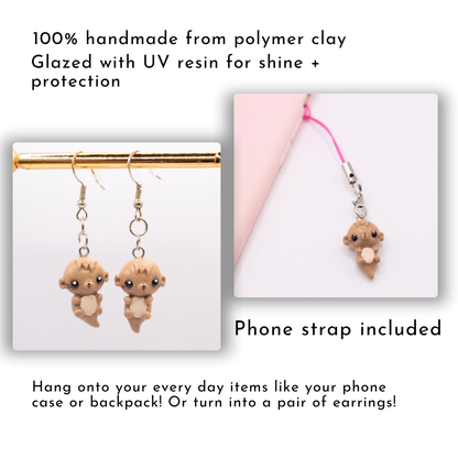 This picture has two photos of otter polymer clay charms and how they can be used: as earrings and a phone charm. The text on this image says "100% handmade from polymer clay, Glazed with UV resin for shine + protection" and "phone strap included, Hang onto your every day items like your phone case or backpack! Or turn into a pair of earrings!"