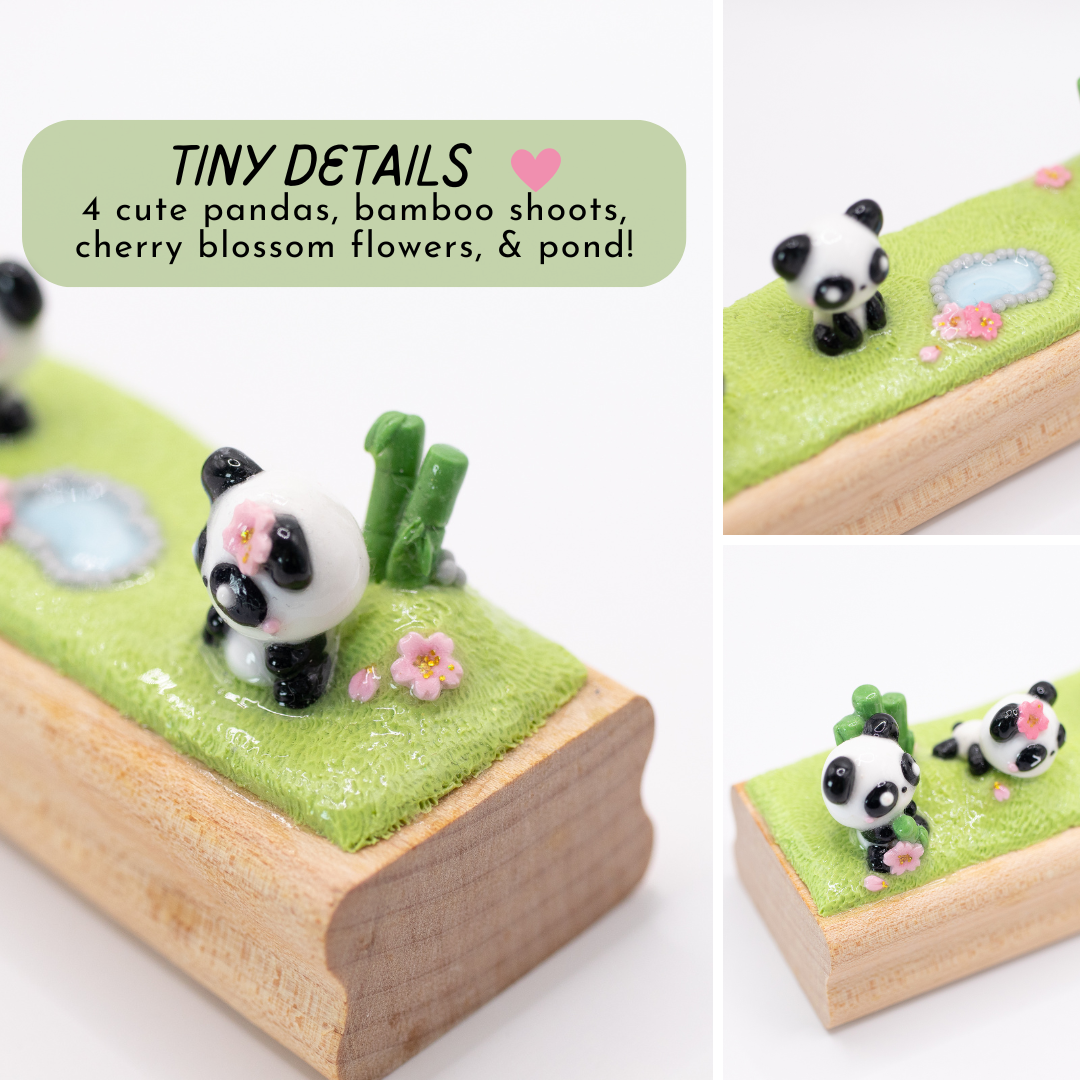 A picture collage with three images of different angles of a mini figurine with lots of tiny details on it like pandas, bamboo shoots, cherry blossoms, and a pond on a white background.