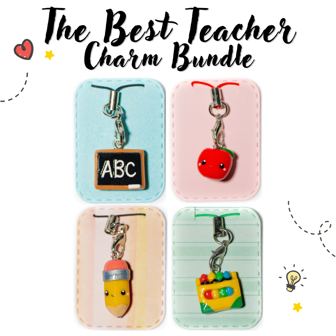 A set of four preschool themed handmade clay charms. The set includes a black chalkboard with 'ABC', a red apple, a yellow pencil, and a crayon box charm.