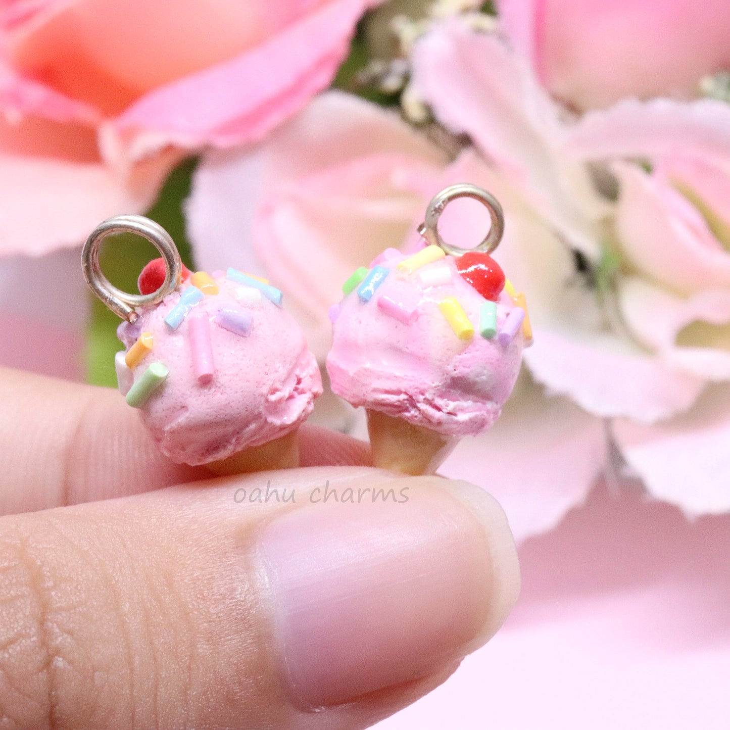 Strawberry Ice Cream with Rainbow Sprinkles Polymer Clay Charm