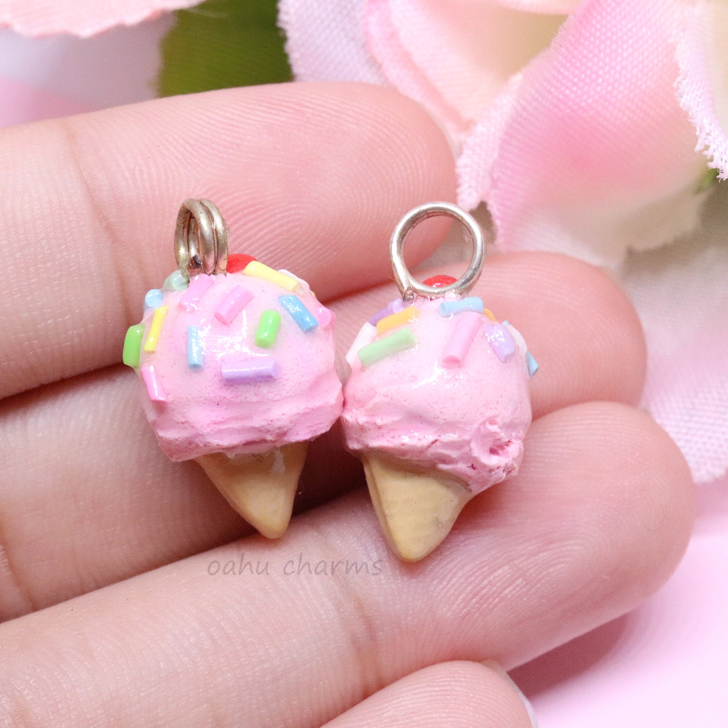 Strawberry Ice Cream with Rainbow Sprinkles Polymer Clay Charm